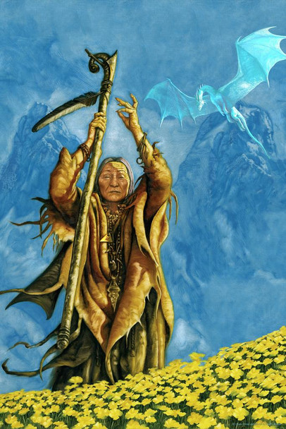Elixana Native Feather Staff Warrior Dragon by Ciruelo Fantasy Painting Gustavo Cabral Cool Wall Art Print Poster 16x24