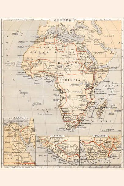 Africa Vintage Antique Style Travel World Map with Cities in Detail Map Posters for Wall Map Art Wall Decor Geographical Illustration Tourist Travel Destinations Cool Wall Decor Art Print Poster 16x24