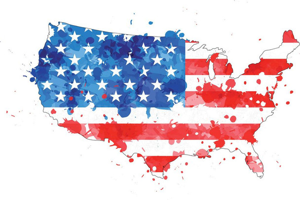 Flag Map of United States of America Artwork Paint Splattered Colorful Stars Stripes Patriotic Patriotism Political Red White Blue Cool Wall Decor Art Print Poster 24x16