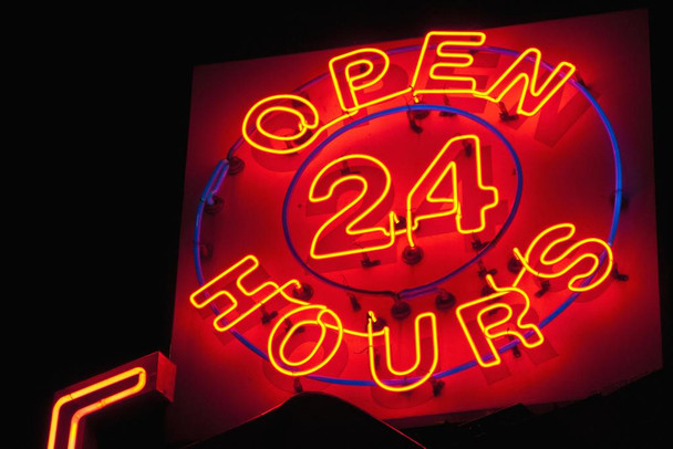 Illuminated Open 24 Hours Neon Sign Photo Photograph Cool Wall Decor Art Print Poster 24x16