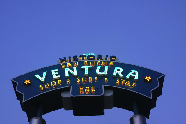 Historic San Buena Ventura California Neon Sign at Night Photo Photograph Cool Wall Decor Art Print Poster 24x16