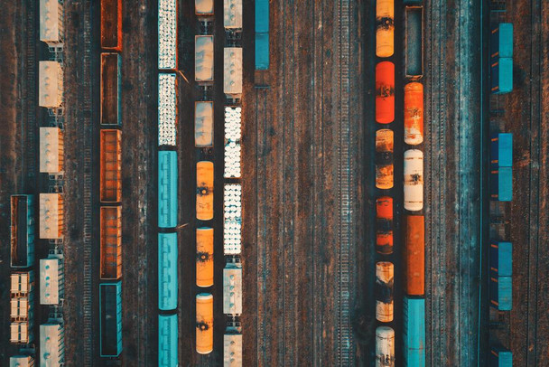 Colorful Freight Trains Car At Railway Station Aerial View Cool Wall Decor Art Print Poster 24x16