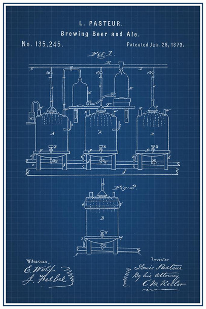 Brewing Beer and Ale Louis Pasteur 1873 Official Patent Blueprint Homebrew Fermentation Tanks Drinking Alcohol Keg Party Decoration Cool Wall Decor Art Print Poster 16x24