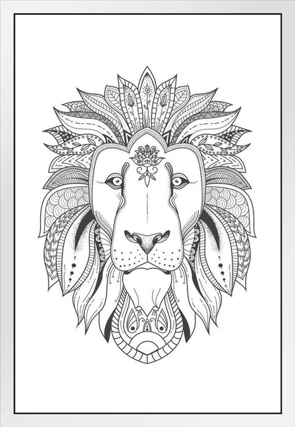 Lion Tribal Pattern Coloring Poster For Adults Relaxation Activity Social Distancing Color Your Own Arts and Crafts White Wood Framed Poster 14x20