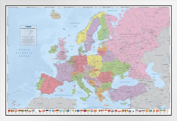 Political Map of Europe Flags Reference Educational White Wood Framed Poster 14x20