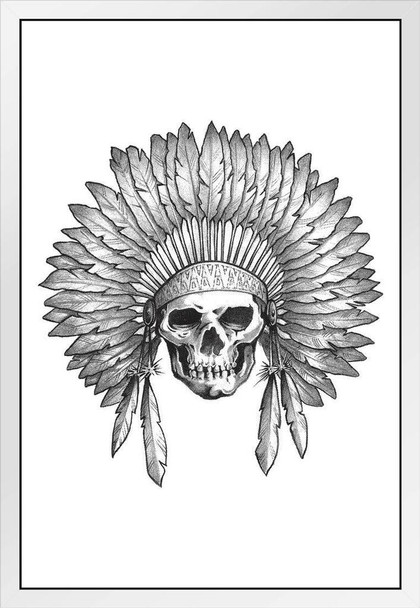 The Chief Native American Indian Skull in Headdress Black White White Wood Framed Poster 14x20