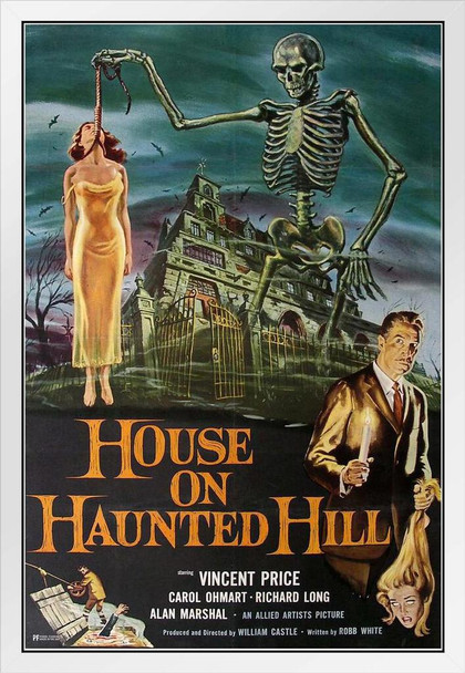 House on Haunted Hill Vincent Price Retro Vintage Horror Movie Merchandise Spooky Halloween Decorations Halloween Decor William Castle Emergo Skeleton Creepy White Wood Framed Poster 14x20