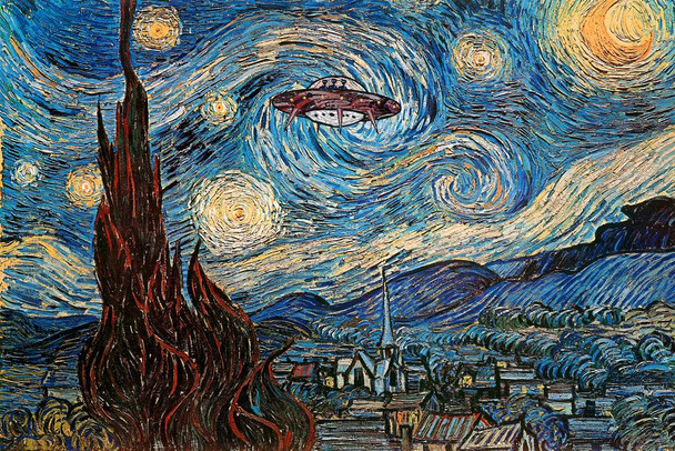 Laminated UFO Sighting On A Starry Night Vincent Van Gogh Humor Art Van Gogh Wall Art Nature Town Wall Decor Landscape Night Sky Poster Starry Night Decor Fine Art Poster Dry Erase Sign 16x24