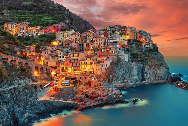 Laminated Cinque Terre Manarola Italy Cliff Homes Landscape Photo Photograph Art Sicily Almafi Coast Picture Beautiful Scenery Poster Dry Erase Sign 24x16