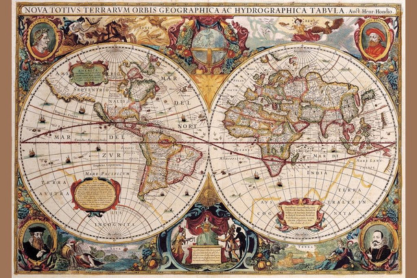 Laminated World Map Poster 17th Century Antique Vintage Historic Educational Classroom Globe Projection Poster Dry Erase Sign 16x24