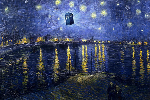 Laminated Funny  Starry Night Van Gogh Flying Police Box Poster Starry Night Over Rhone Parody Humor Poster Dry Erase Wall Art 16x24