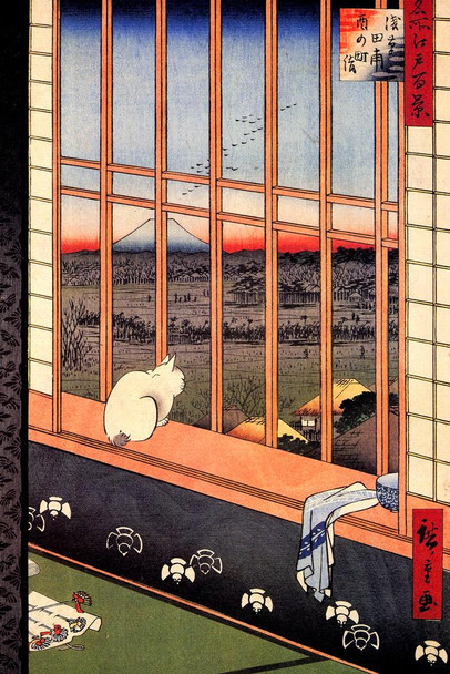 Laminated Hiroshige Asakusa Ricefields Cat Poster Utagawa Hiroshige Torinomachi Festival Japanese Woodblock Artwork Poster Dry Erase Sign 16x24