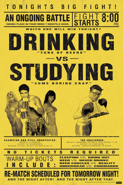 Drinking vs. Studying Fight College Dorm Room Drink Party Mock Boxing Match Parody Funny Educational Cool Wall Decor Art Print Poster 24x36