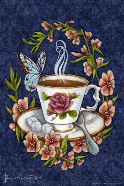 Laminated Tea and Company by Brigid Ashwood Fantasy Art Wall Decor Nature Butterfly Illustration Ornate Wall Art Flower Pattern Spiritual Art Print Decorative Tea Party Poster Dry Erase Wall Art 16x24
