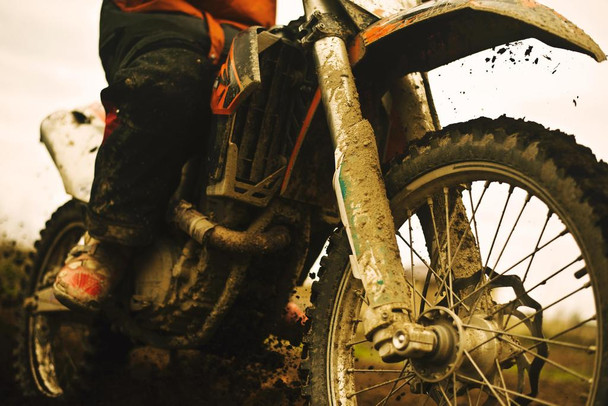 Laminated Close Up of Muddy Dirt Bike Photo Photograph Poster Dry Erase Sign 24x16