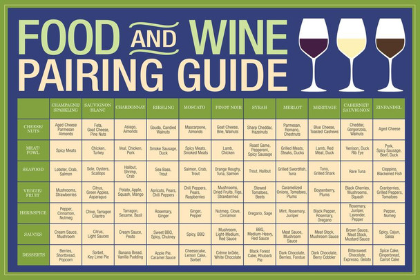 Laminated Food And Wine Pairing Guide Wine Education Poster Reference Chart Wine Decor Blue Poster Dry Erase Sign 16x24