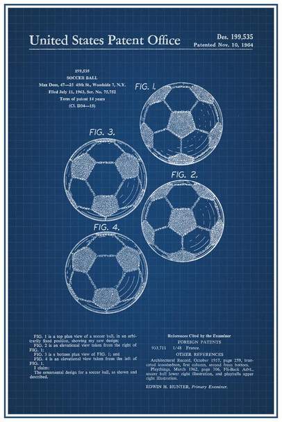 Laminated Soccer Ball Classic Official Patent Blueprint Poster Dry Erase Sign 16x24