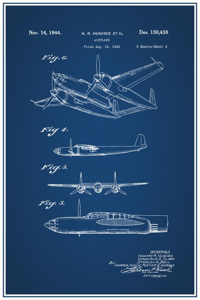 Laminated Howard Hughes Airplane Official Patent Blueprint Poster Dry Erase Sign 16x24