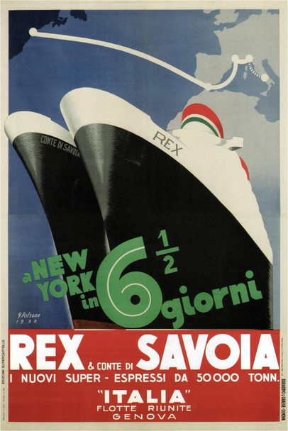 Laminated Rex Savoia Italian Cruise Ship Line Italy to New York Vintage Travel Poster Dry Erase Sign 16x24