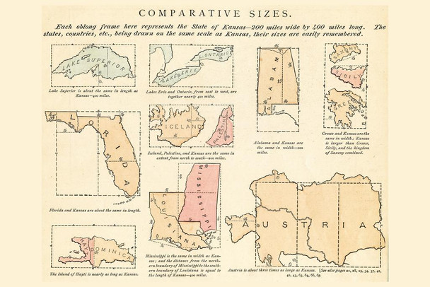 Laminated Comparative Size Map Vintage 1875 Antique Style Map State Map with Cities in Detail Map Posters for Wall Map Art Wall Decor Country Illustration Science Poster Dry Erase Sign 24x16