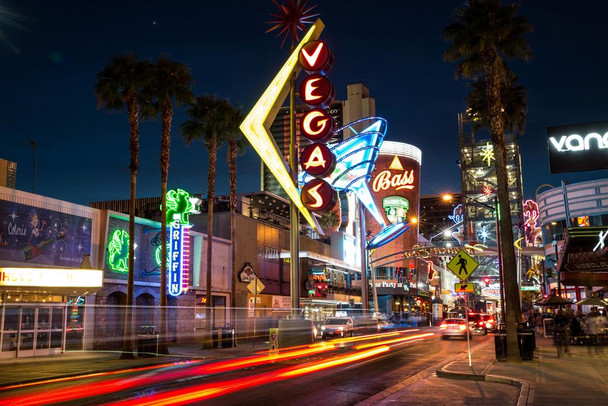 Laminated Downtown Las Vegas Nevada at Night Neon Signs Photo Photograph Poster Dry Erase Sign 24x16