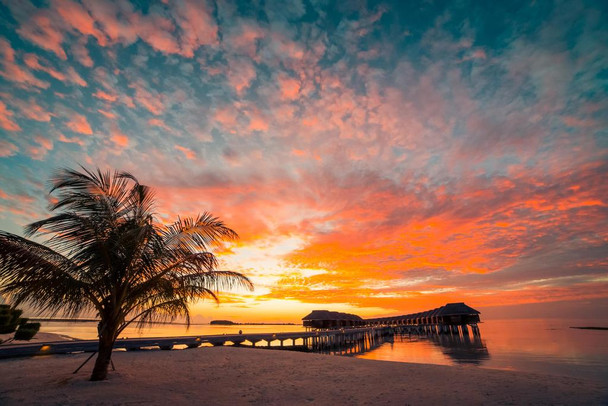 Laminated Beautiful Sunset at a Maldives Beach Photo Photograph Poster Dry Erase Sign 24x16