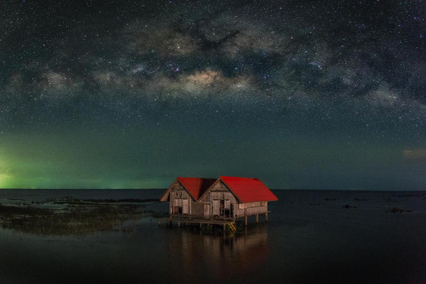 Laminated Milky Way over Abandoned House in Thailand Photo Photograph Poster Dry Erase Sign 24x16