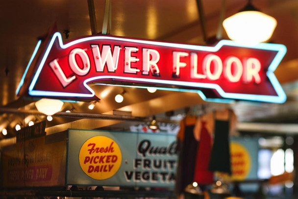 Laminated Neon Sign Lower Floor Pike Place Market Seattle Photo Photograph Poster Dry Erase Sign 24x16
