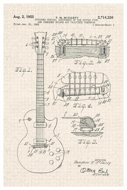 Electric Guitar 1955 Official Patent Diagram Tan Color Stringed Instrument Music Musician Rock Roll Band Decoration Cool Wall Decor Art Print Poster 24x36
