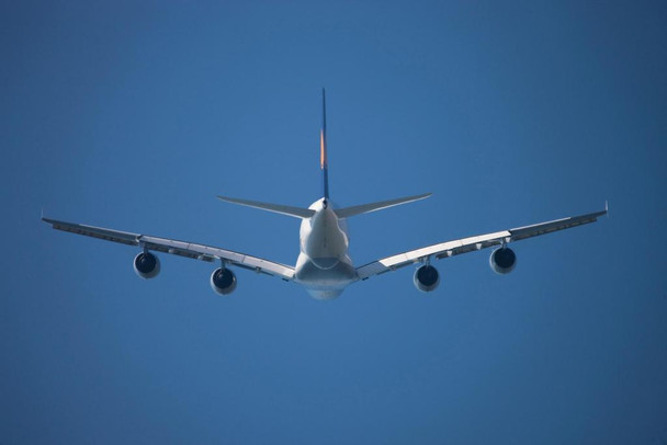 Laminated Airbus A380 Flying in Sky Mid Air From Behind Photo Photograph Poster Dry Erase Sign 24x16