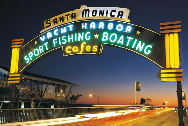 Laminated Santa Monica Yacht Harbour Sign Illuminated Los Angeles California Photo Photograph Poster Dry Erase Sign 24x16