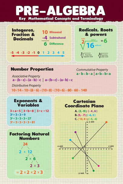Pre Algebra Mathematics Math Class Educational Classroom Variables Expressions Definitions Equations Teacher Learning Homeschool Chart Display Supplies Cool Wall Decor Art Print Poster 16x24