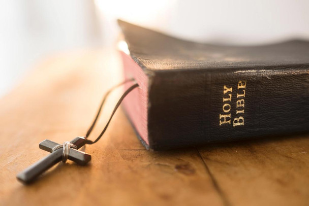 Bible and Cross Crucifix Lying on Table Cool Wall Decor Art Print Poster 24x16