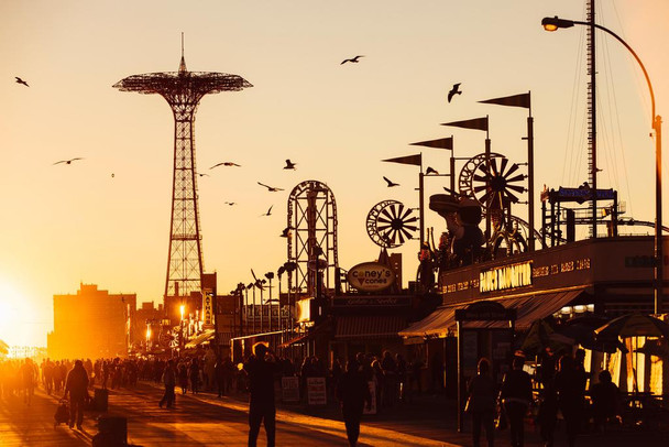 Laminated Coney Island Boardwalk Brighton Beach New York Park Sunset Photo Photograph Landscape Pictures Ocean Scenic Scenery Nature Photography Paradise Scenes Poster Dry Erase Sign 24x16