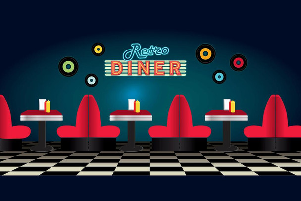 Laminated Retro Diner Restaurant Scene Inside Seating Booths Vintage Retro Checkerboard Neon Sign Classic Diner Design Poster Dry Erase Sign 24x16