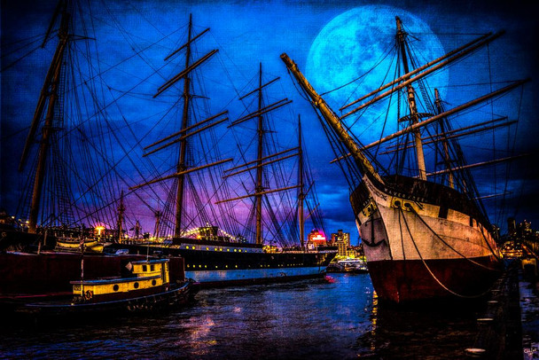 Seaport Boats After Dusk Full Moon Photo Poster by Chris Lord Nature Sailing Ships In Port Moonlight Photograph Cool Wall Decor Art Print Poster 16x24