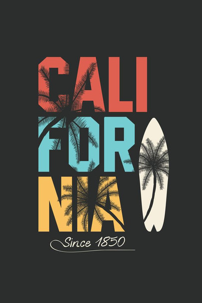 Laminated California Retro Travel Surfboard Palm Tree Poster Dry Erase Sign 16x24