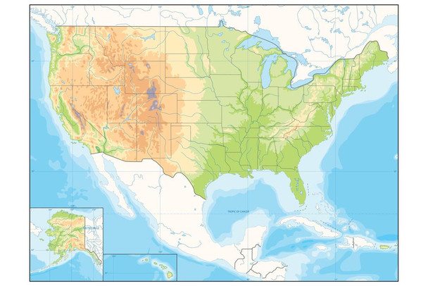 Laminated United States USA North America Map Relief Poster Detailed Illustration State Outlines No Names Cartography Geography Poster Dry Erase Sign 24x16