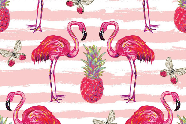 Laminated Summer Jungle Tropical Butterflies Pink Flamingo and Pineapple Wallpaper Style Decorative Colorful Pattern Poster Dry Erase Sign 24x16