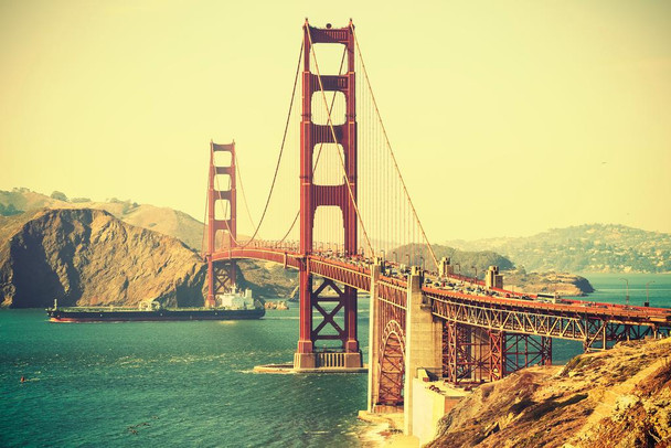 Laminated Golden Gate Bridge San Francisco Old Film Retro Style Photo Photograph Poster Dry Erase Sign 24x16