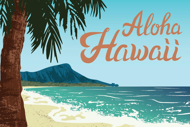 Laminated Waikiki Beach Oahu Island Aloha Hawaii Palm Tree Surf Vintage Poster Dry Erase Sign 16x24