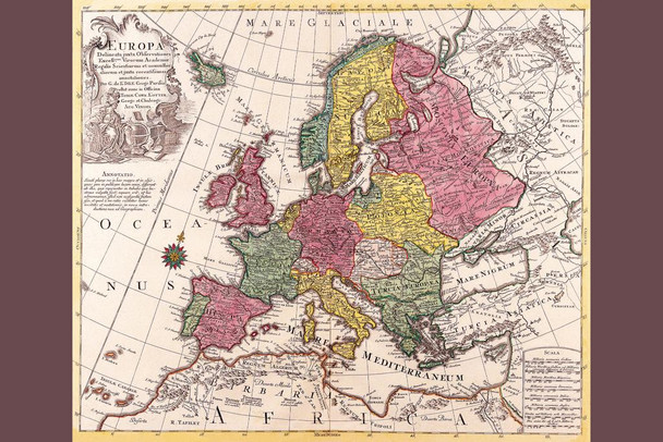 Laminated Antique World Map of Europe Latin Text Europa England Great Britain France Germany Italy Scandanavia Poster Dry Erase Wall Art 16x24