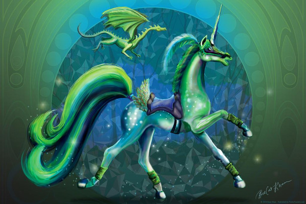 Green Summer Unicorn Carousel Horse with Dragon by Rose Khan Cool Wall Decor Art Print Poster 16x24