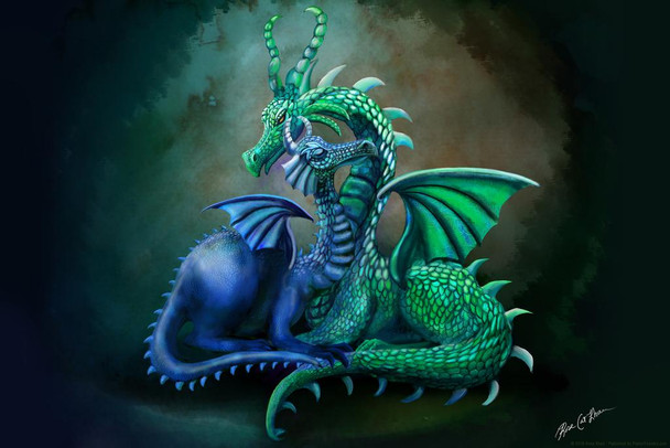 Green and Blue Dragon Cuddling Pair by Rose Khan Fantasy Poster Loving Dragons Embrace Cool Wall Decor Art Print Poster 16x24