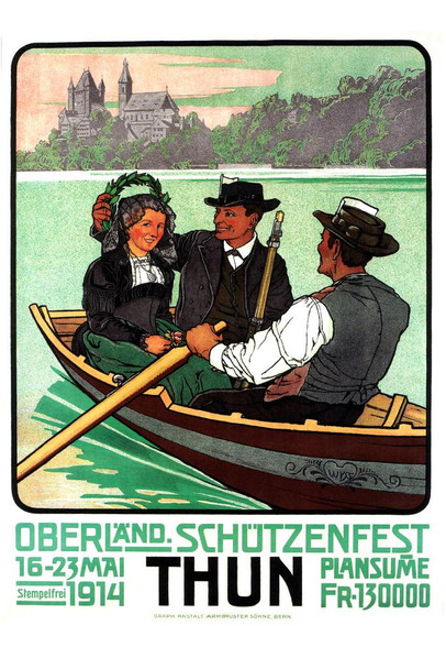 Swiss Thun 1914 Switzerland Rowing on Lake Vintage Illustration Travel Cool Wall Art Print Poster 16x24