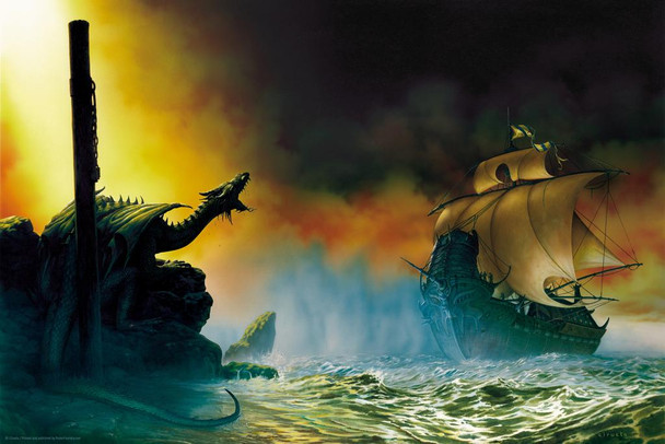 Galeon Ocean Ship Schooner Dragon On Rocks by Ciruelo Artist Painting Fantasy Cool Wall Art Print Poster 16x24