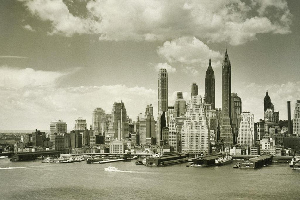 Laminated Lower Manhattan New York City Skyline B&W Vintage Photo Photograph Poster Dry Erase Wall Art 16x24