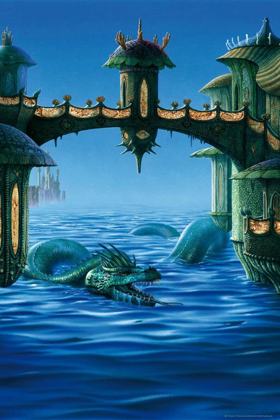 Serpent Dragon Swimming In Water Under Castle Bridge by Ciruelo Fantasy Painting Gustavo Cabral Cool Wall Decor Art Print Poster 16x24