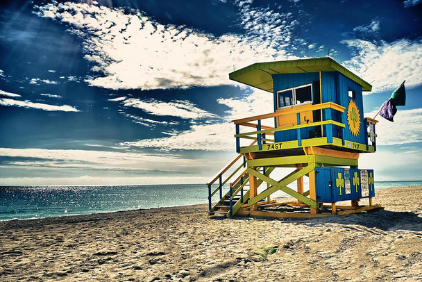 Laminated Colorful Lifeguard Stand on Miami beach Photo Photograph Poster Dry Erase Sign 24x16