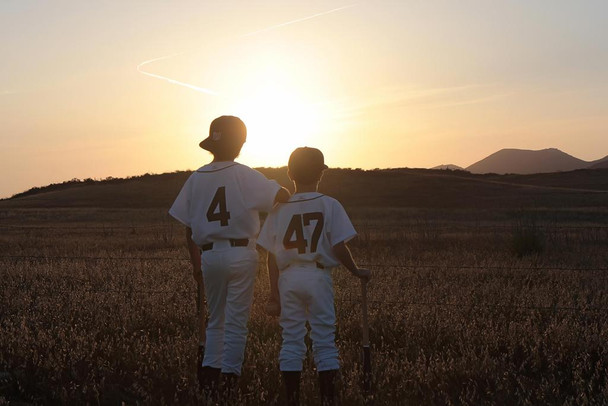 Laminated Two Boys in Baseball Uniforms Looking at Sunset Photo Photograph Poster Dry Erase Sign 24x16